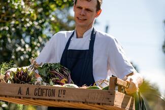 Pensons head chef Chris Simpson collecting produce from the kitchen garden