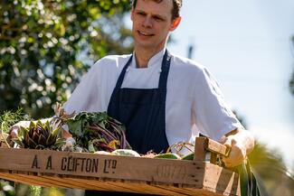 Pensons head chef Chris Simpson collecting produce from the kitchen garden