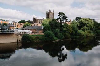 View of the Left Bank Village and Koffee Pot over the river