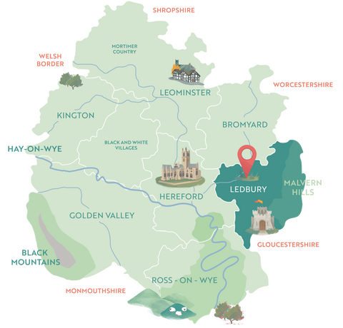 Map of Ledbury's location with Herefordshire