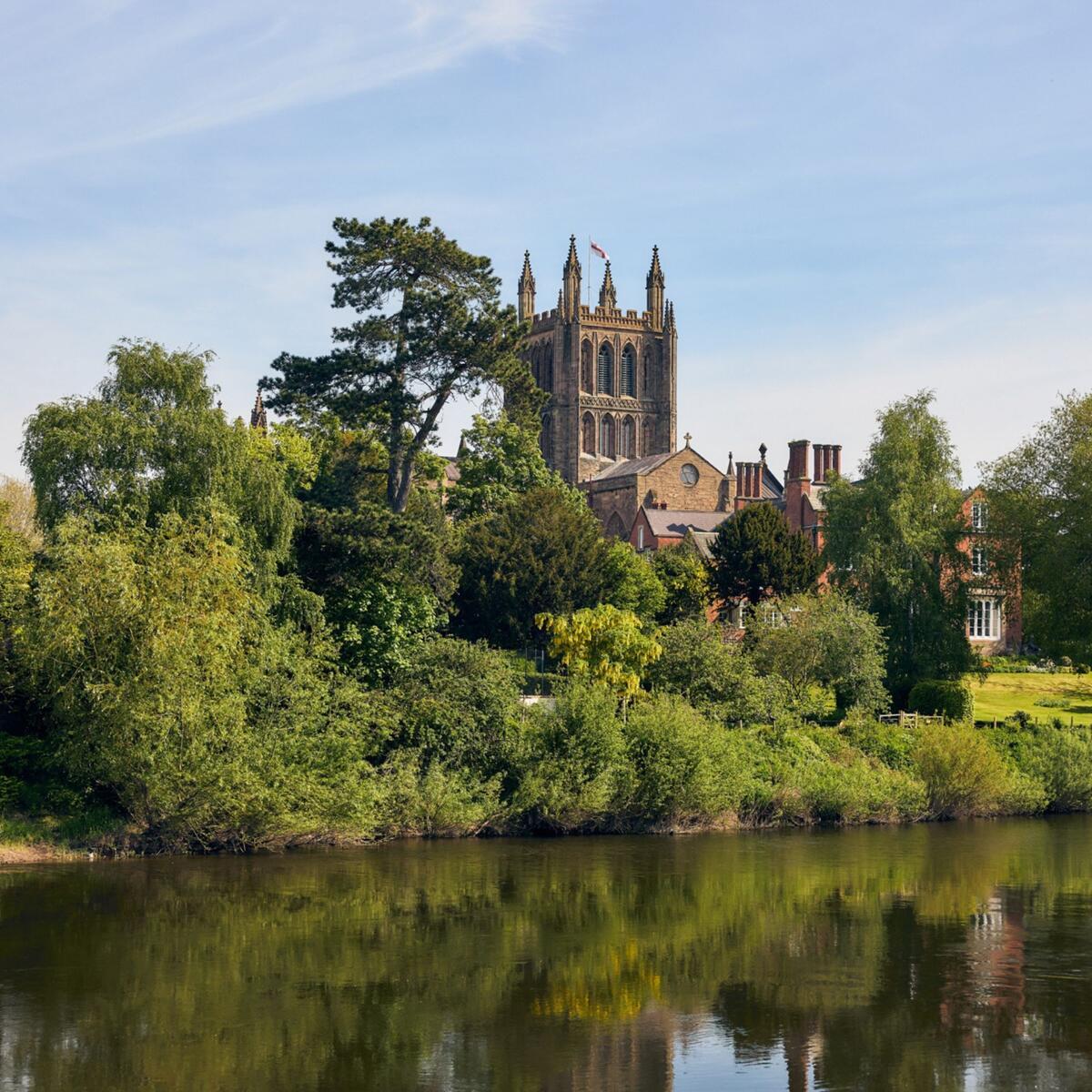 view of Hereford Cathedral across the river