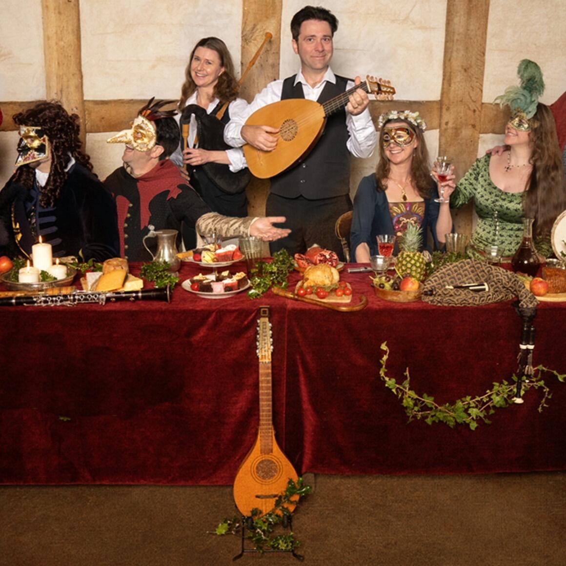 musicians and diners at a basked ball banquet