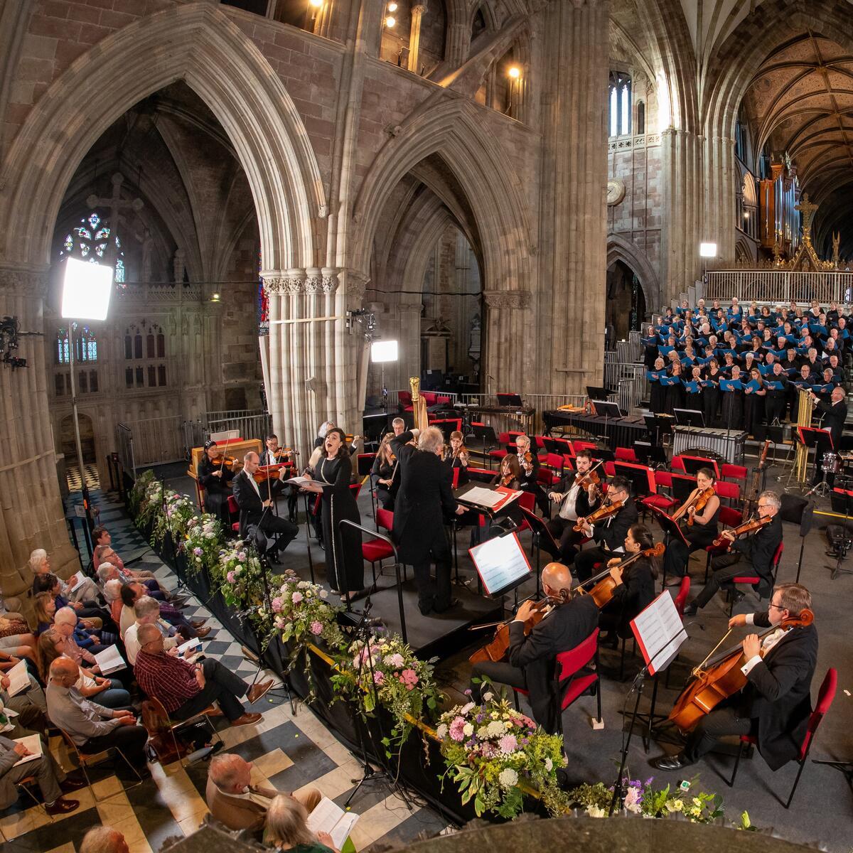 Choir and orchestra inside Hereford Cathedral