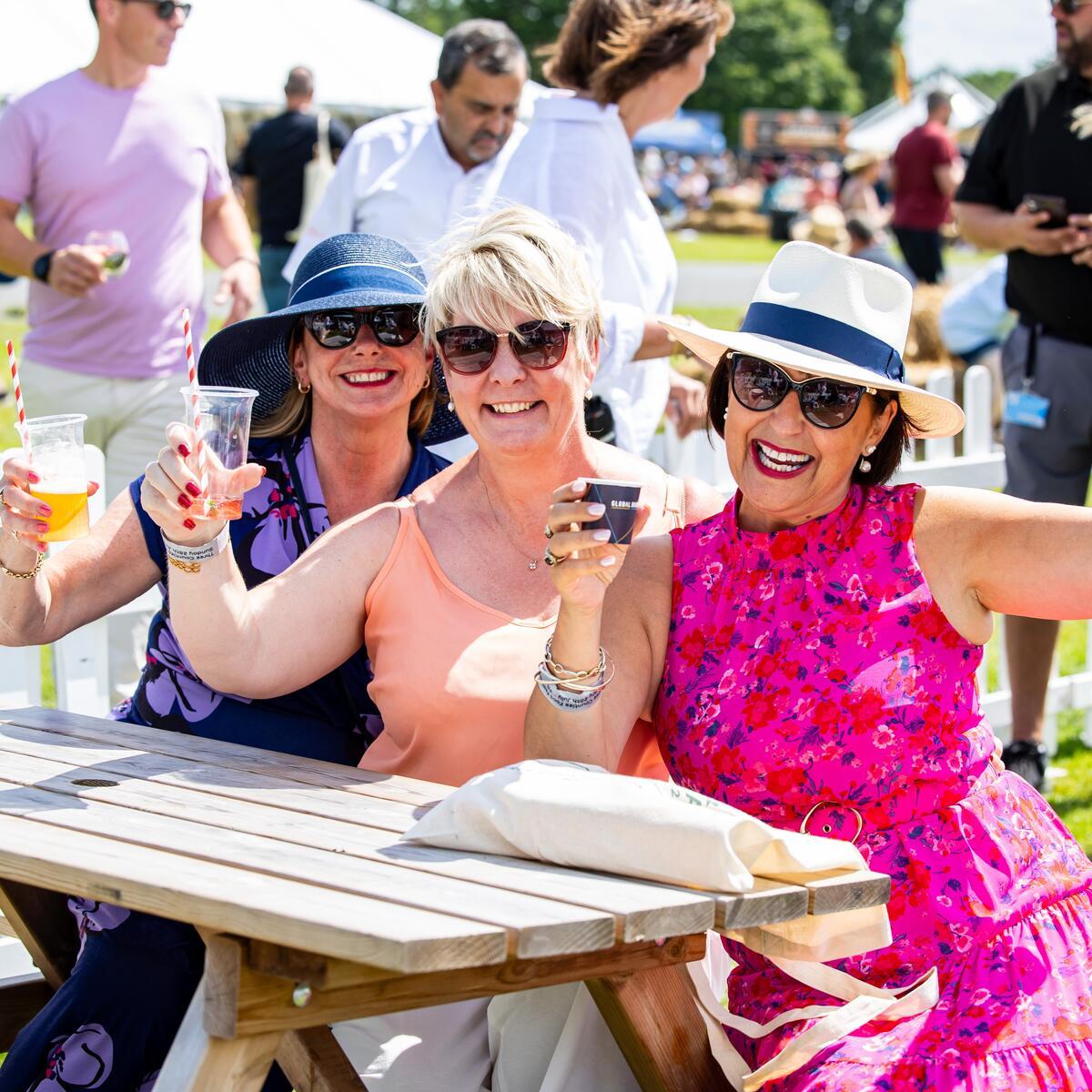 people sat at a picnic table raising glasses