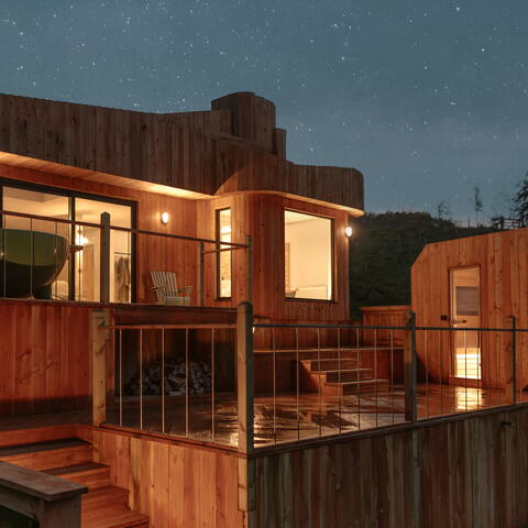 Scandi cabin at night