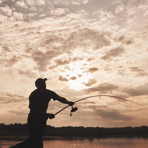 Silhouette of man fishing over lake