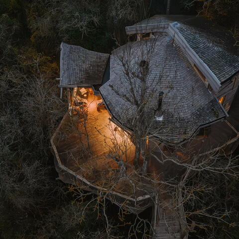 A treehouse at One Acre Wood, lit up at night