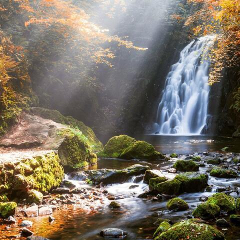 waterfall with shafts of light