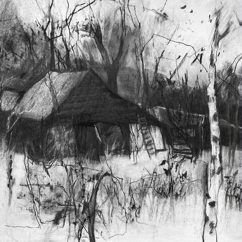 charcoal drawing of a rickety building in a wood