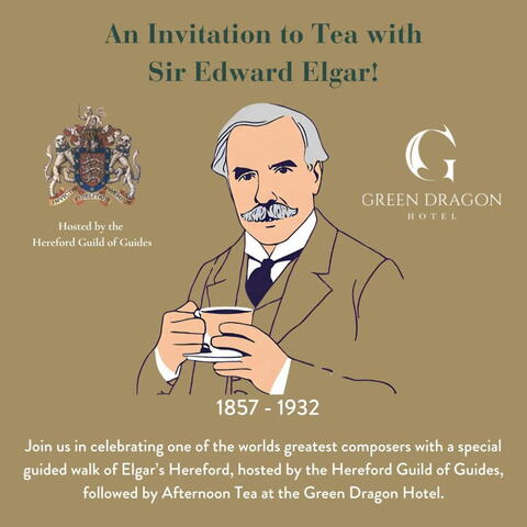 sketch illustration of Sir Edward Elgar with grey hair and large grey moustache holding a cup of tea