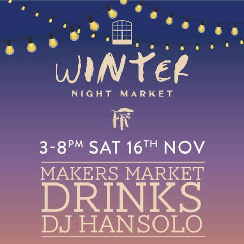 Winter Night Market poster with dusky blue background 