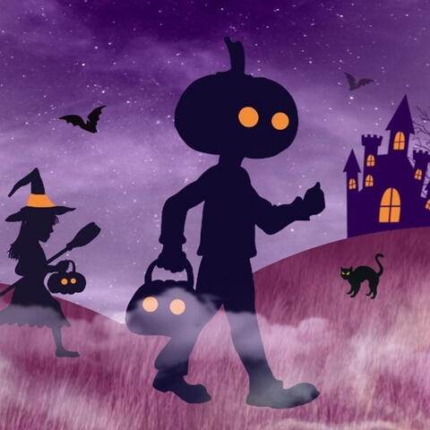 Halloween picture with witch, pumpkins, bats and spooky house